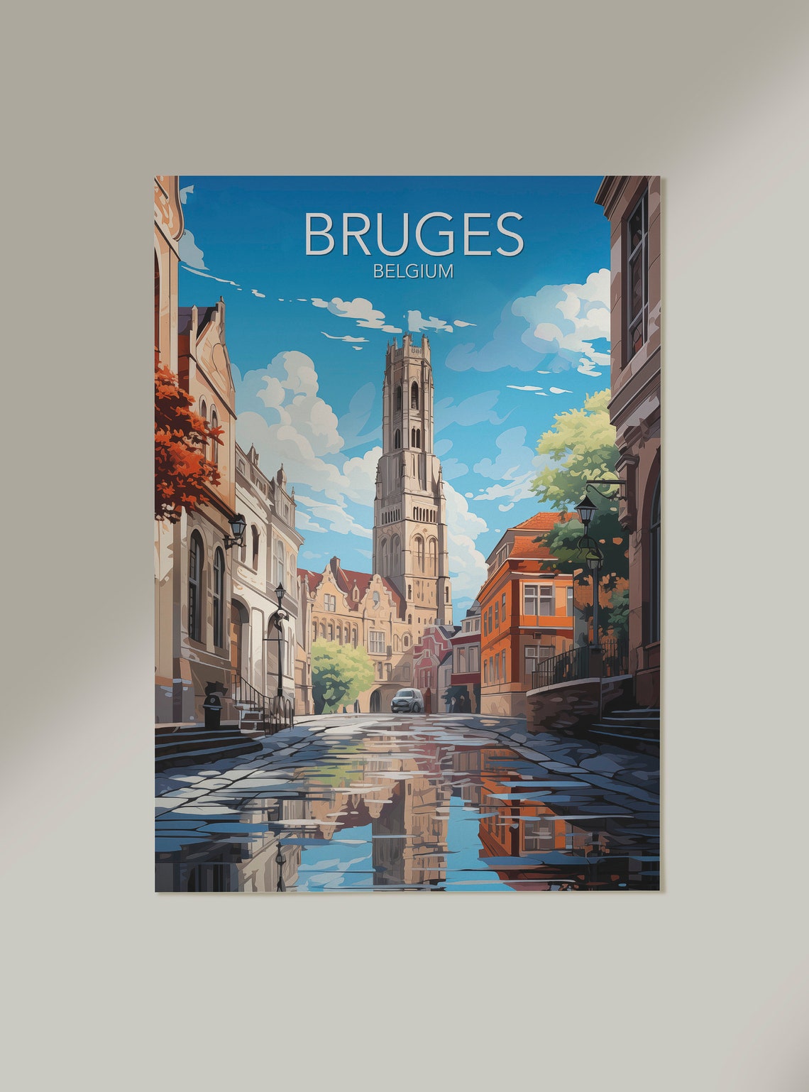 Bruges Belgium Belfry Tower Cobblestone Street Travel Poster - Image 2