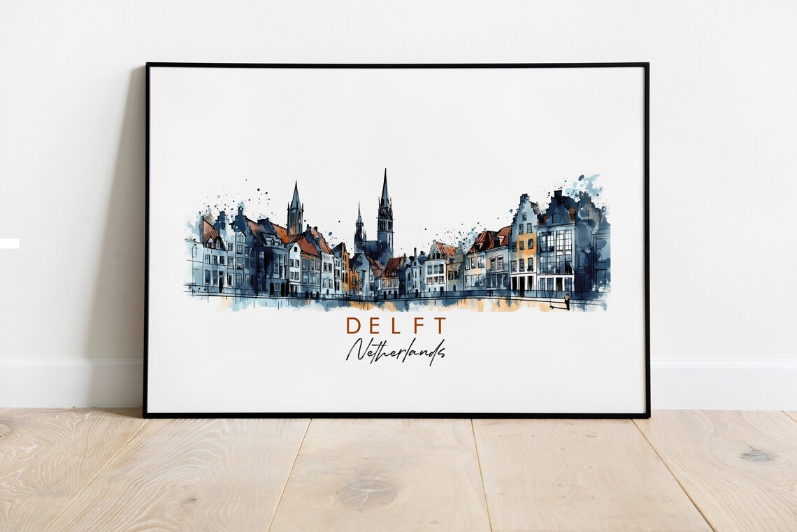 Delft Netherlands Canal Gabled Houses Ink Watercolor Travel Poster