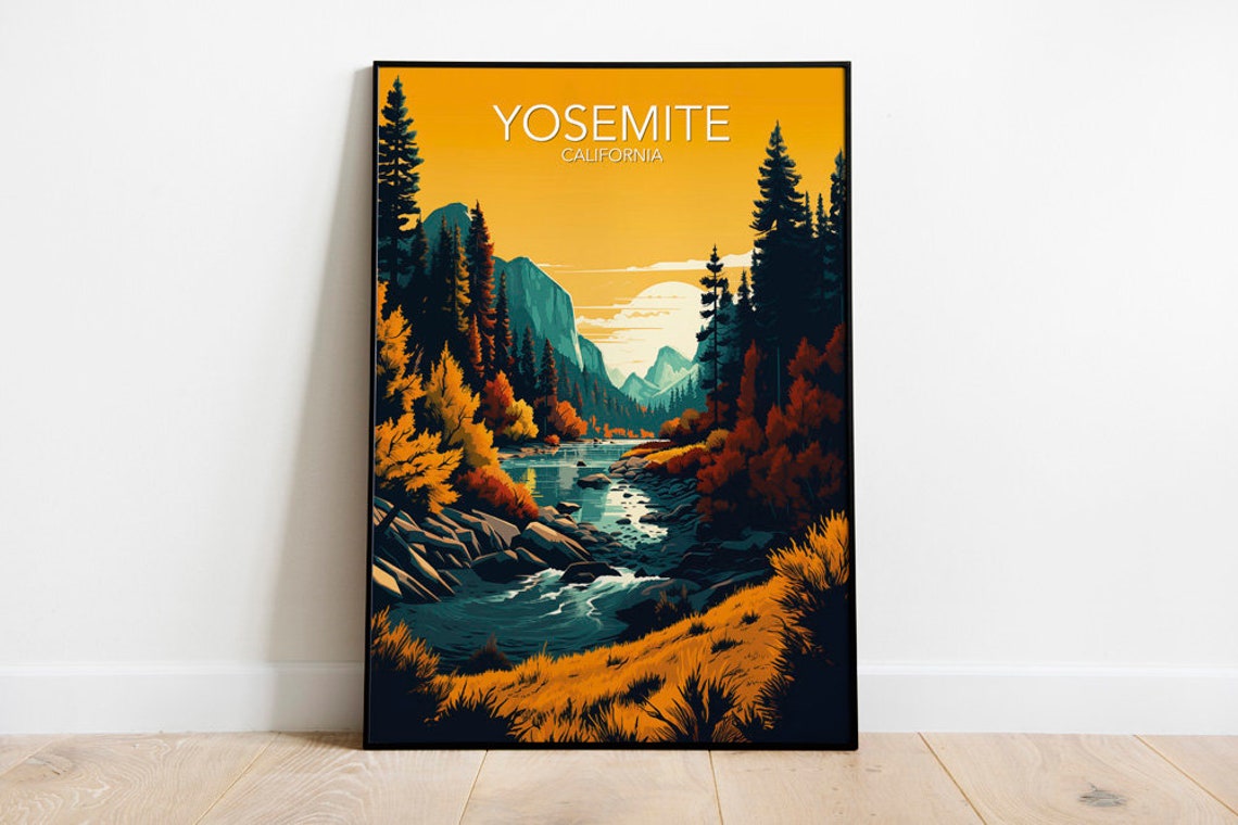 Yosemite California River Valley Autumn Granite Travel Poster