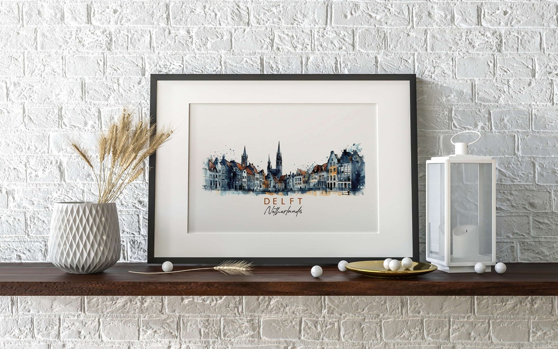 Delft Netherlands Canal Gabled Houses Ink Watercolor Travel Poster - Image 2