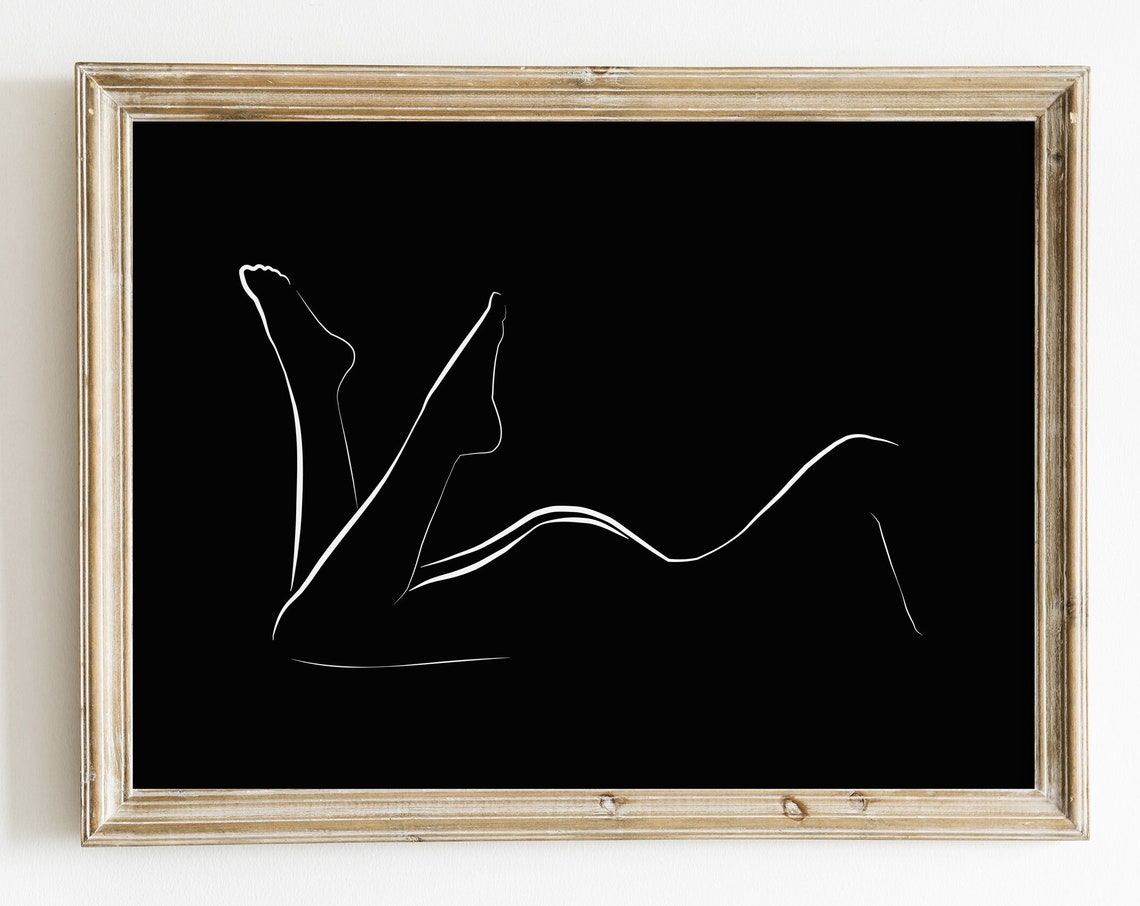 Curvy Woman Body White Line Drawing Black Background Modern Art Print
