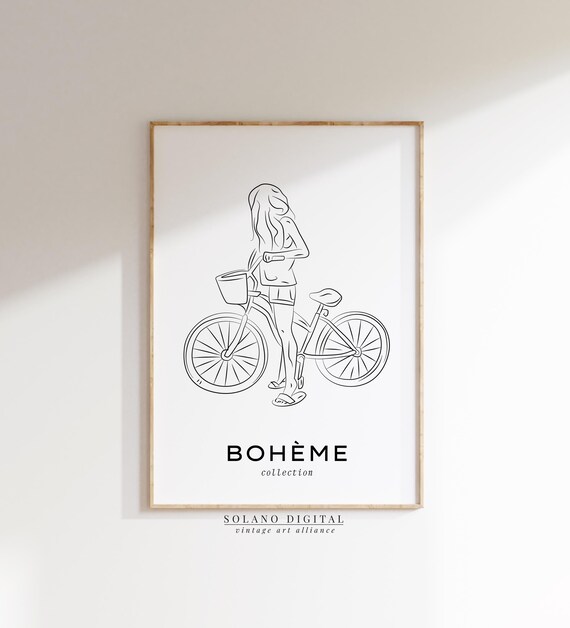 Bohème Woman With Bicycle Basket Minimalist Summer Line Art Poster