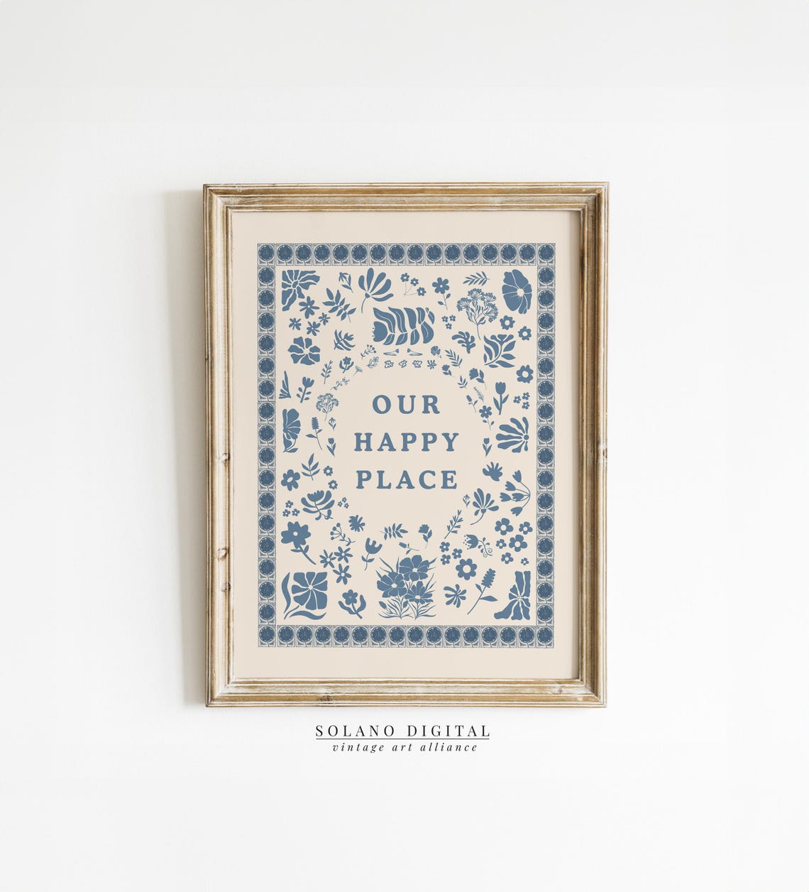 Our Happy Place Soft Dusty Blue Botanical Folk Typography Poster