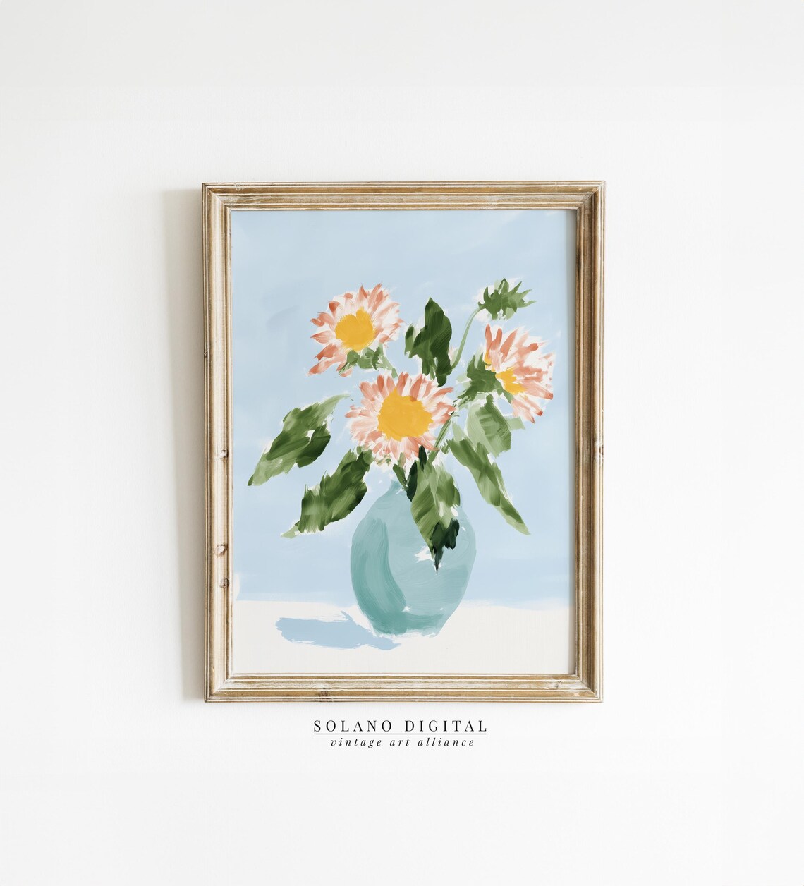Pink Daisies in Teal Vase Pastel Watercolor Floral Art Poster