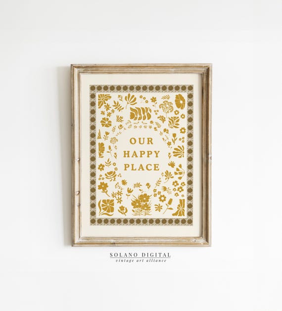 Our Happy Place Wall Art Cozy Home Decor Typography Trendy For Minimalist Living Room Cottage Kitchen Goldish Botanical