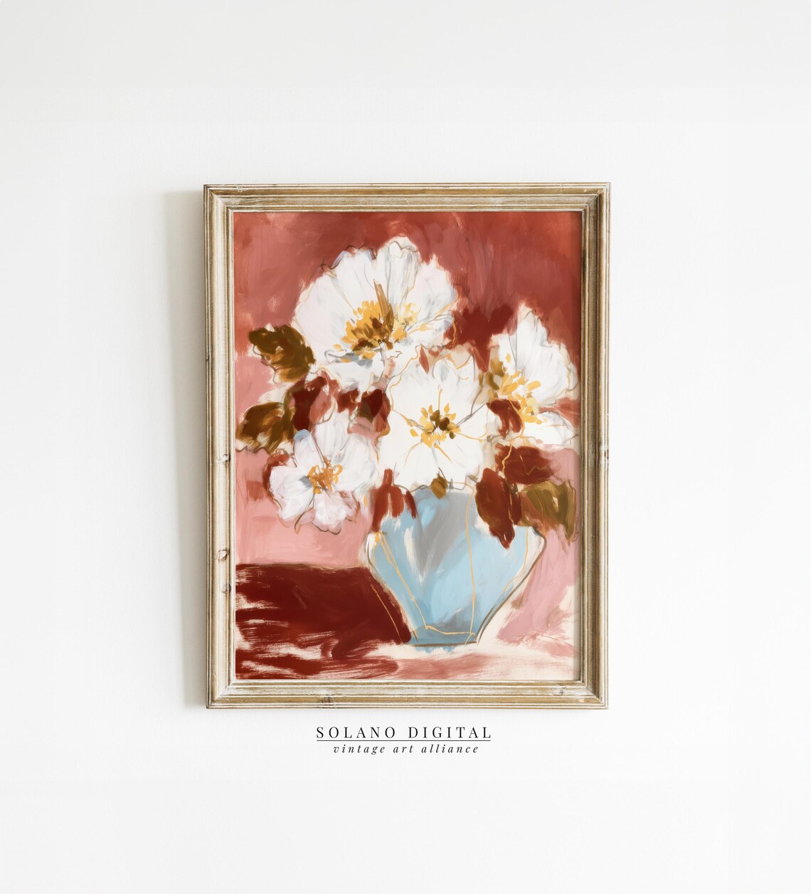 White Flowers in Blue Vase Terracotta Still Life Painting Poster