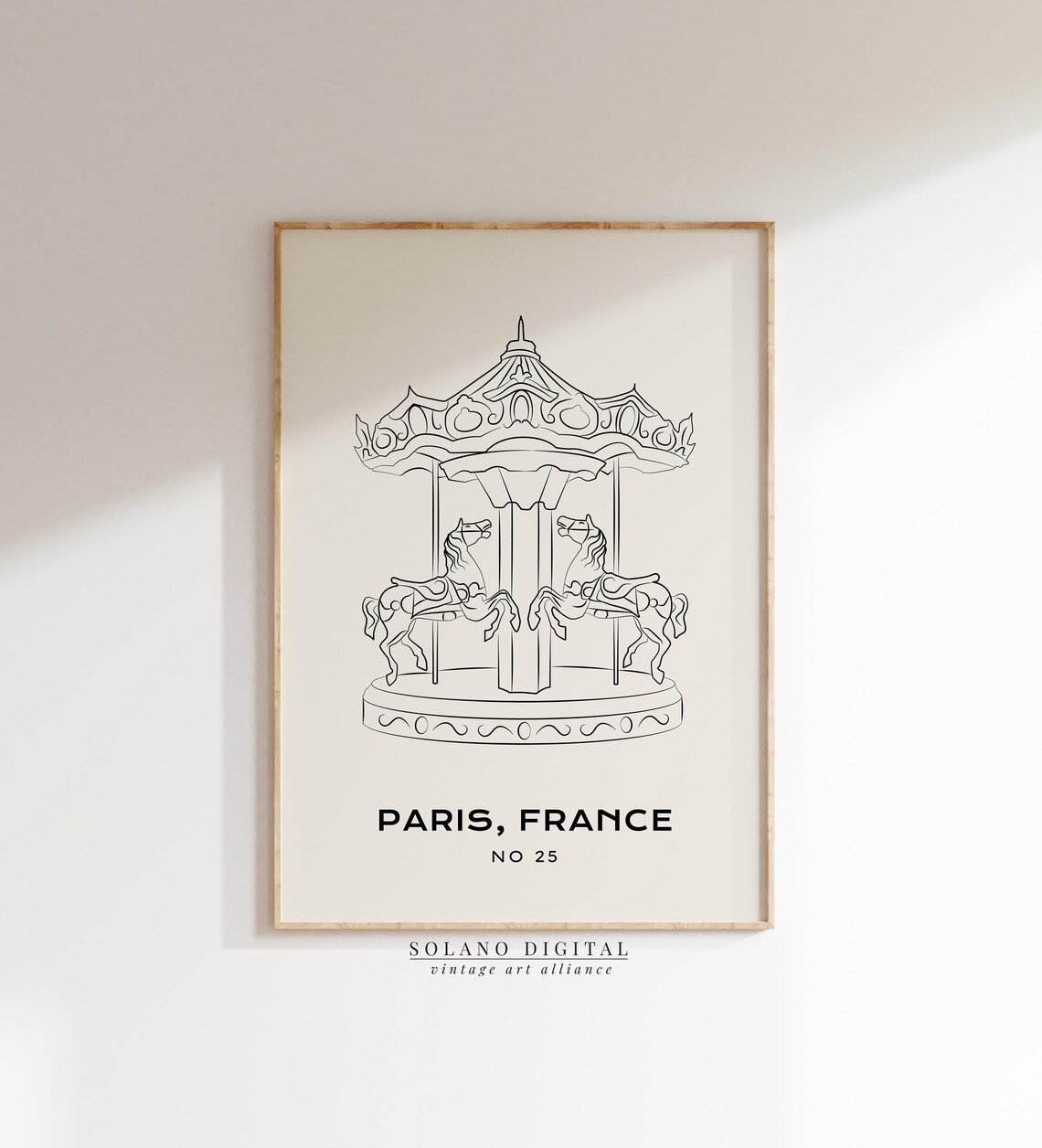 Paris France Carousel Line Drawing Vintage Travel Art Poster No 25