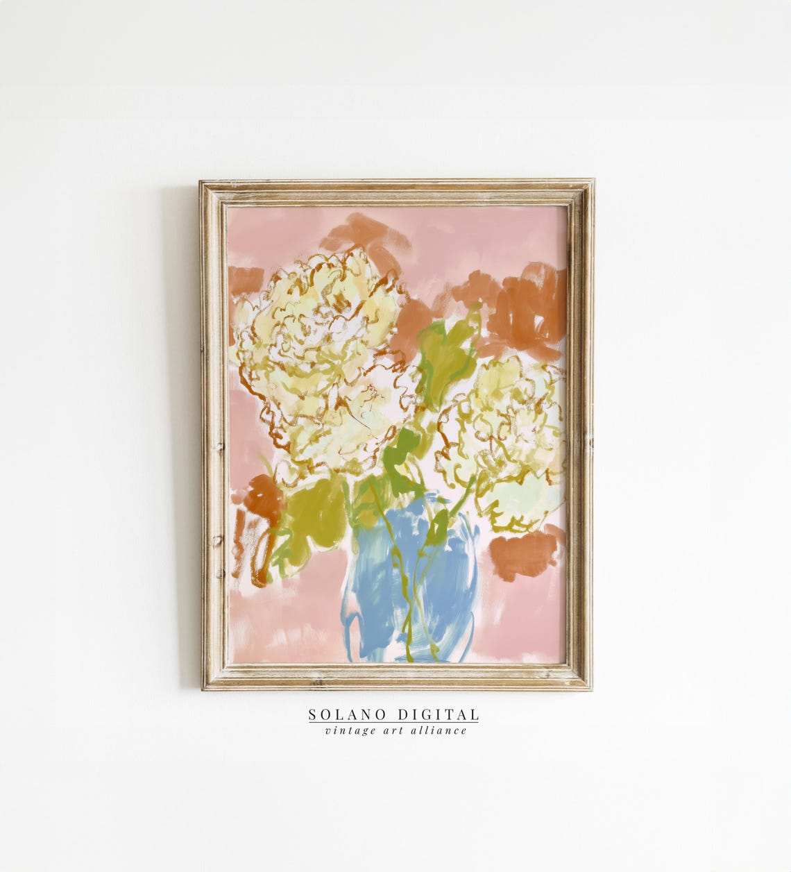 White Hydrangeas in Blue Vase Soft Pink Floral Painting Poster