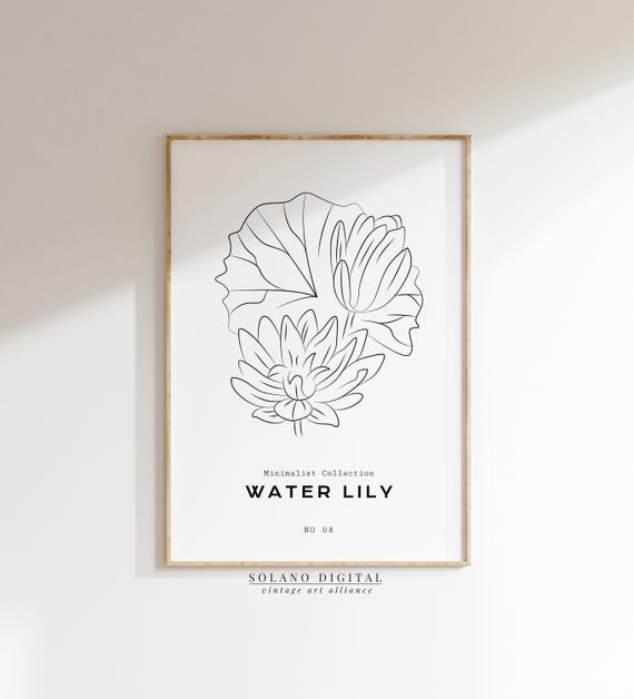 Water Lily Line Art Print Minimal Botanical Flower Poster Black And White Wall Decor Calm Natureinspired