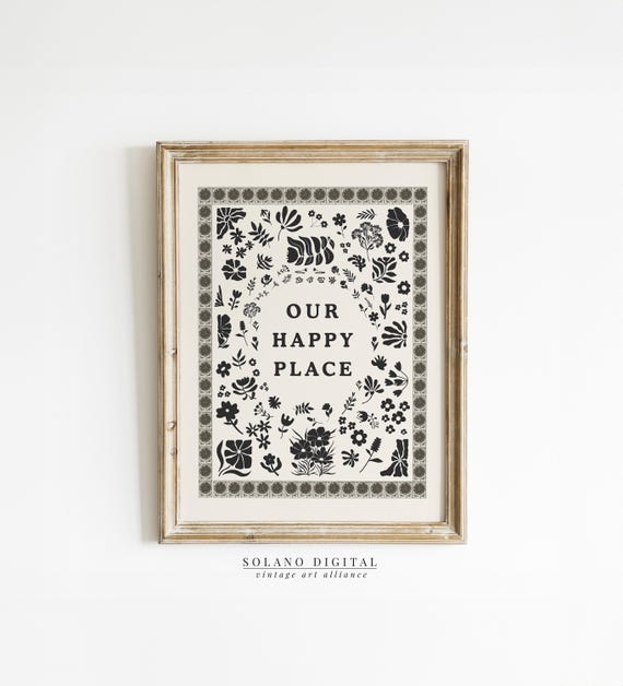 Our Happy Place Wall Art Cozy Home Decor Typography Trendy For Minimalist Living Room Cottage Kitchen Black Botanical