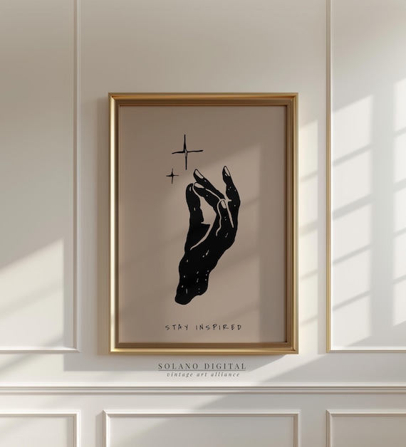 Stay Inspired Hand Line Art Print Spiritual Minimalist Wall Decor Black And Beige Inspirational Quote