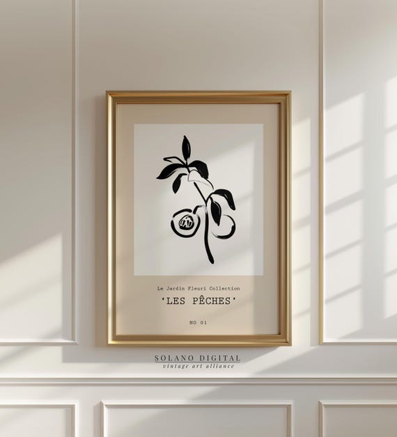 Peach Wall Art French Botanical Line Drawing Kitchen Fruit Print Minimalist Neutral Poster Instant