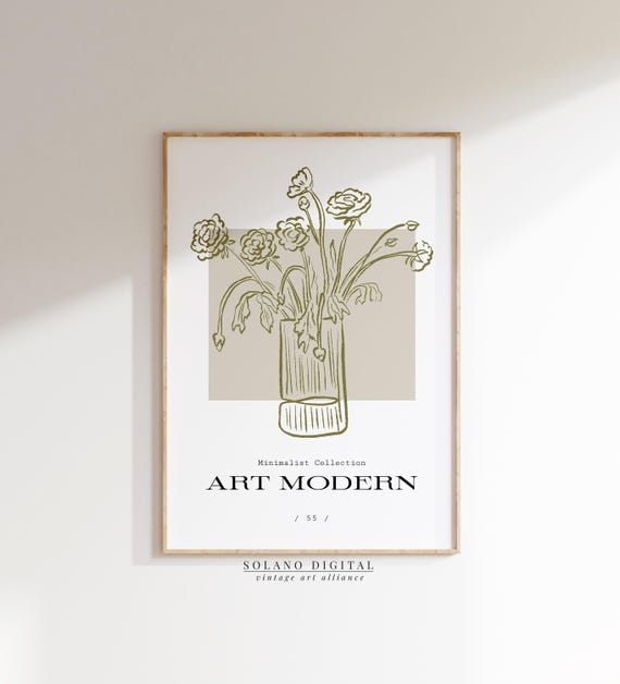 Modern Floral Line Drawing Minimalist Botanical Art Beige Vase Wall Decor Contemporary Poster