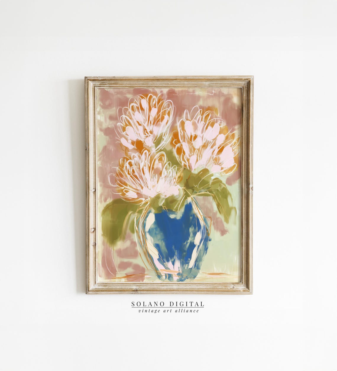 Blush Pink Flowers Blue Vase Modern Impressionist Floral Poster