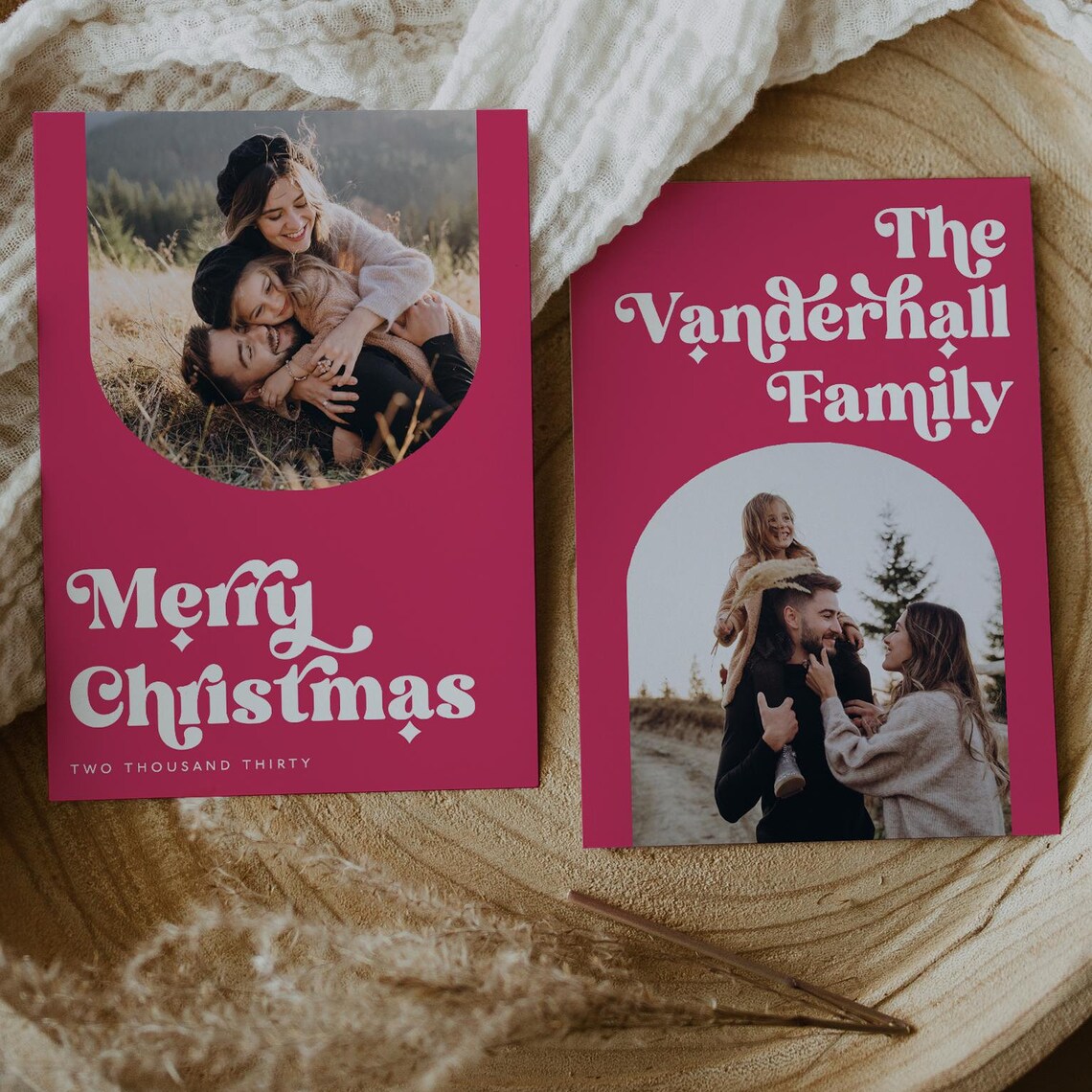 Christmas Photo Card Template Photo Holiday Card Christmas Family Card Retro Christmas Pink Merry Christmas Editable Template