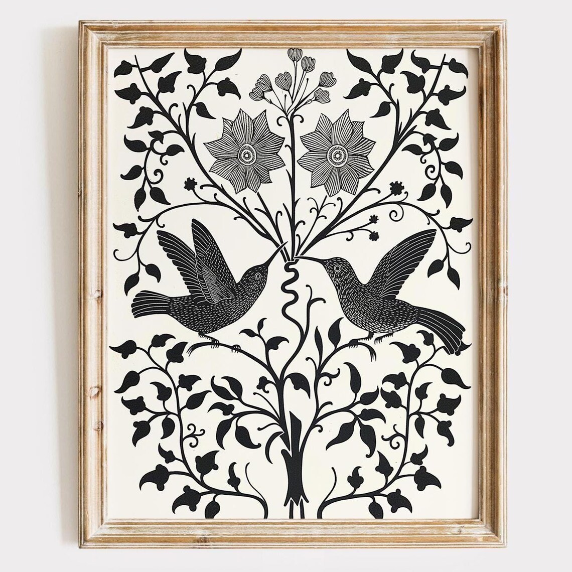 Black And White Hummingbird Linocut Folk Floral Botanical Poster
