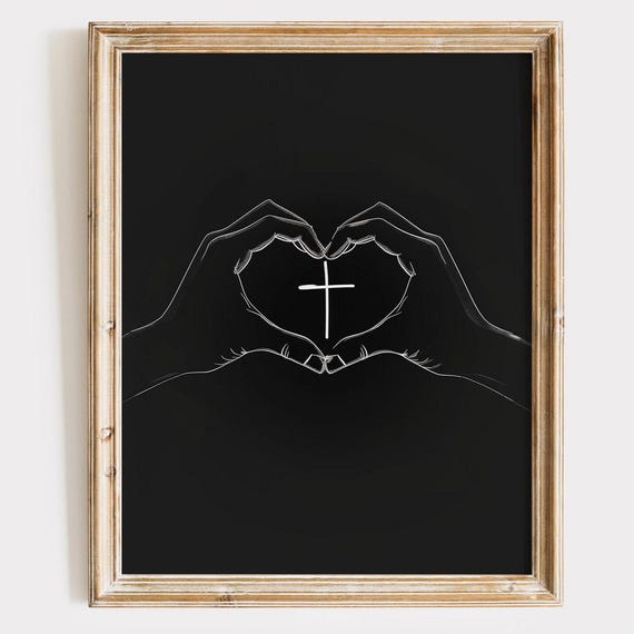 Hand Heart Cross Christian Art Print Minimalist Religious Decor