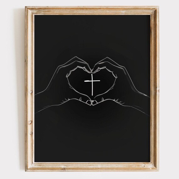 Heart Hands Holding Cross Minimalist Black White Christian Poster
