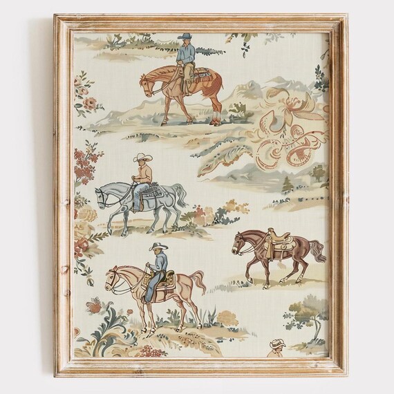 Vintage Cowboy Wallpaper Print, Western Farmhouse Decor