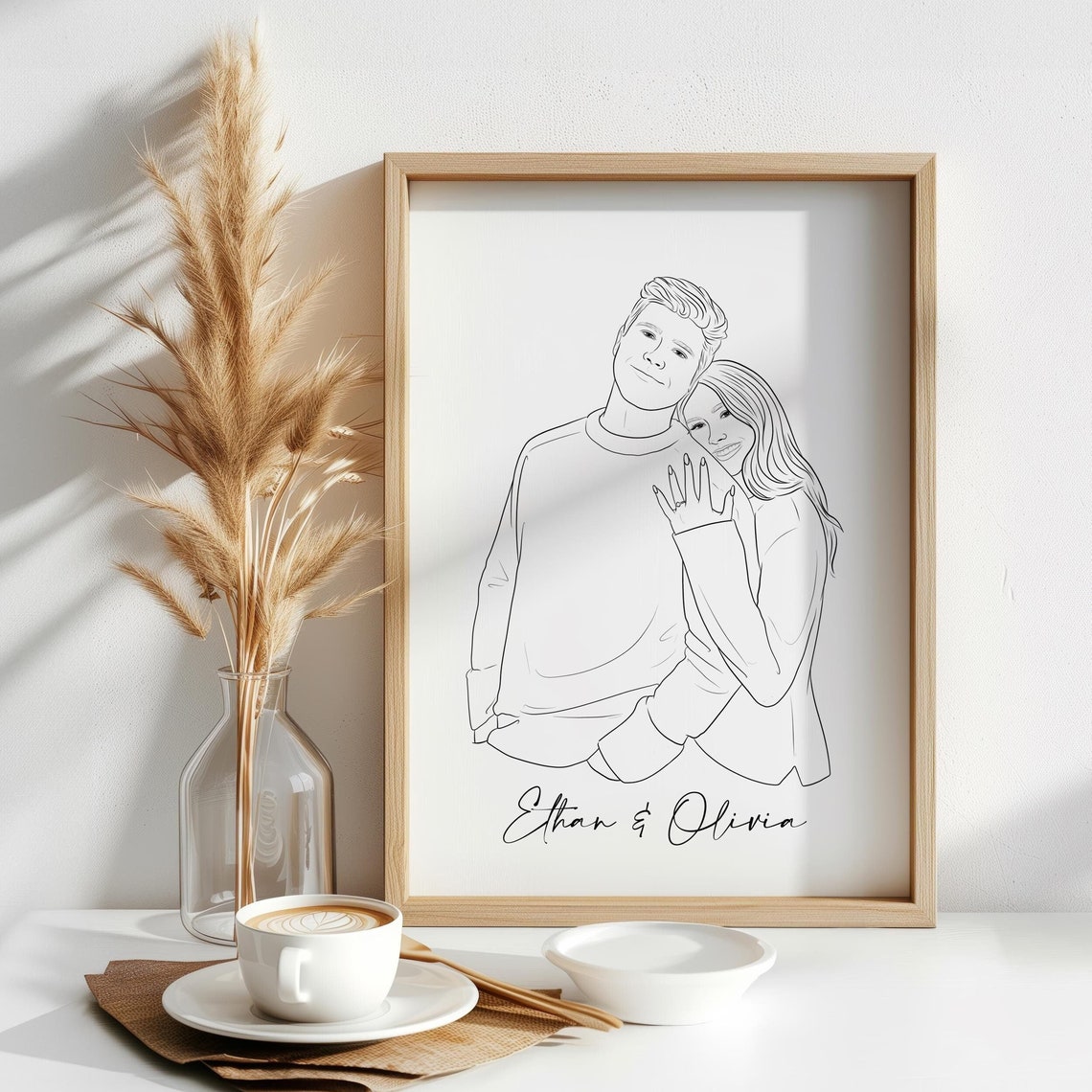 Custom Engaged Couple Line Art Portrait Poster with Ring Detail