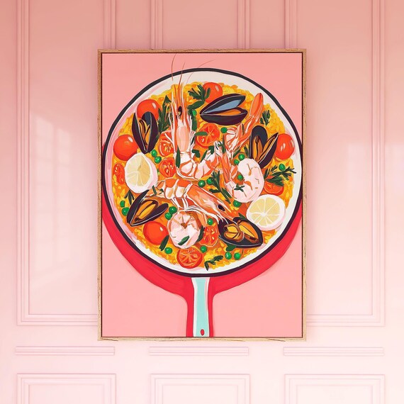 Seafood Paella Art Painting Pink Kitchen Spanish Food Poster