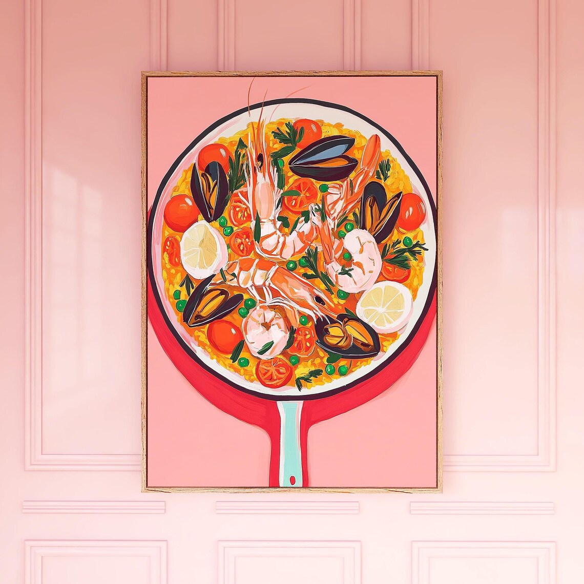 Seafood Paella Art Painting Pink Kitchen Spanish Food Poster
