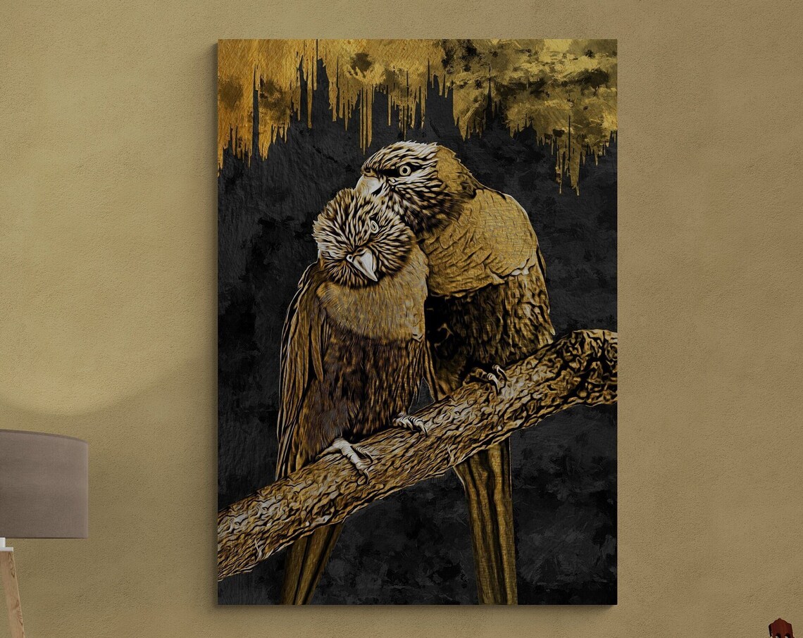 Two Perched Parrots Gold Black Duotone Tropical Bird Painting Poster - Image 3