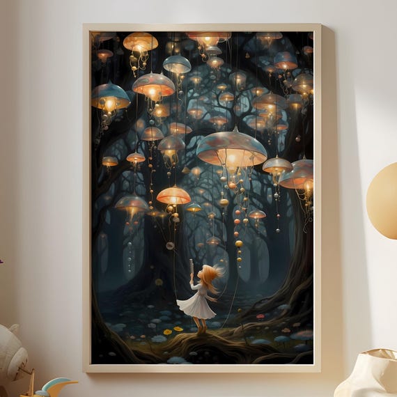 Jellyfish Lanterns Poster Charming Wall Art For Child Bedroom Whimsical Home Print Magical Girl Nursery Decor Floating Lantern Decoration