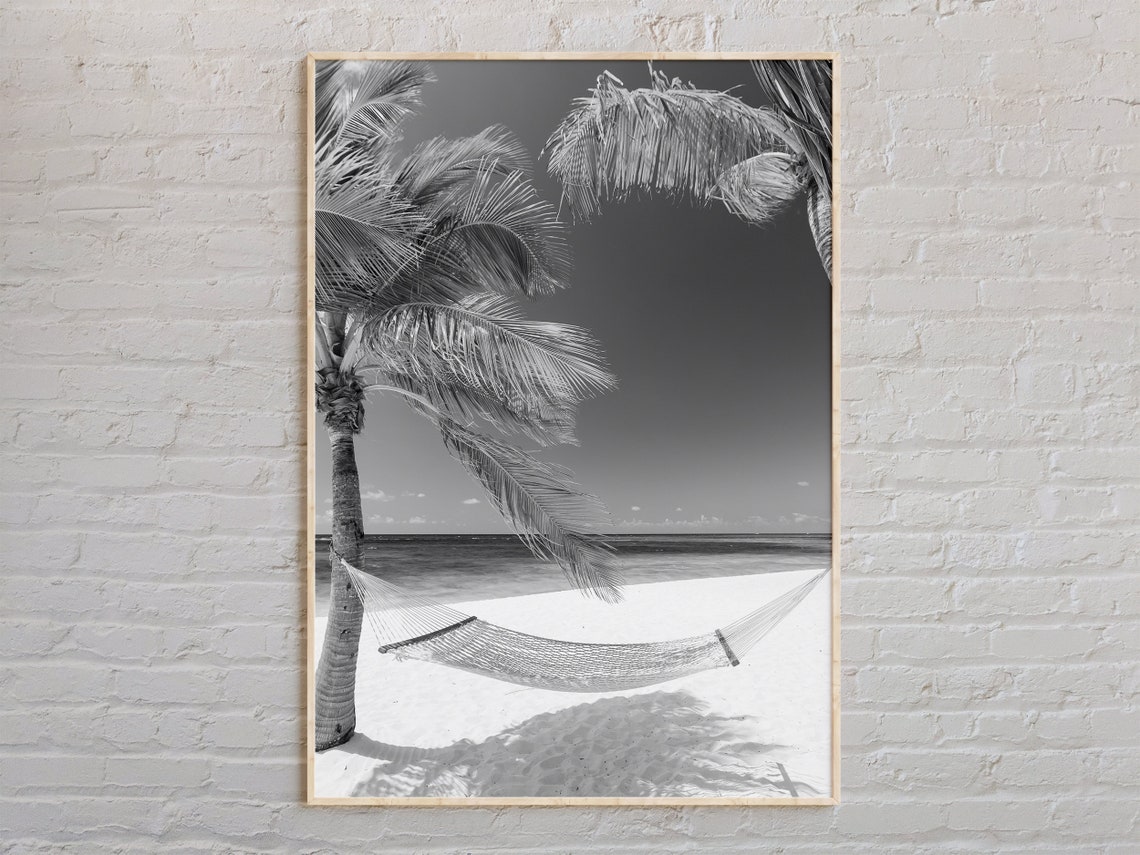 Black And White Palm Tree Hammock Sandy Beach Paradise Photo Poster