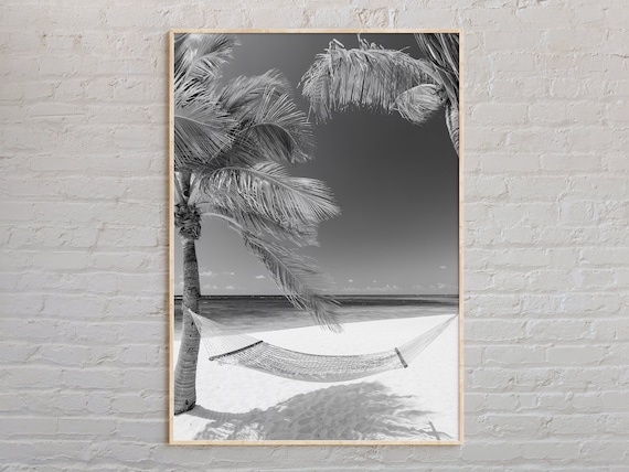 Black And White Palm Tree Hammock Sandy Beach Paradise Photo Poster