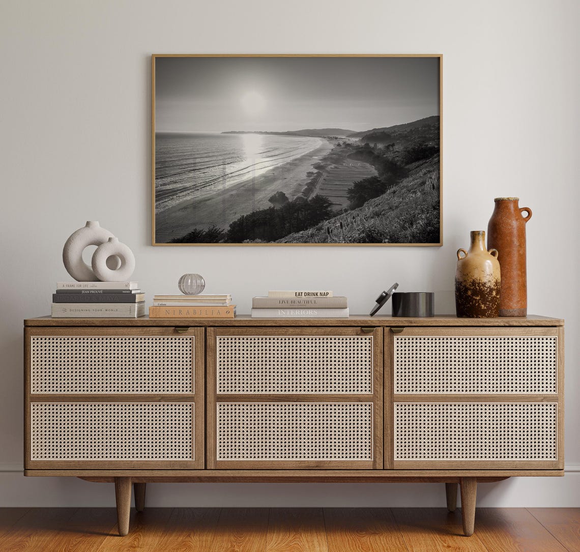 Stinson Beach Sunny Coastline from Hillside Black and White Poster - Image 4