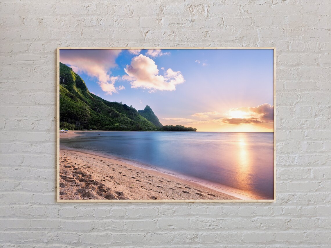 Hawaii Beach Sunset Green Cliffs Golden Hour Tropical Island Poster