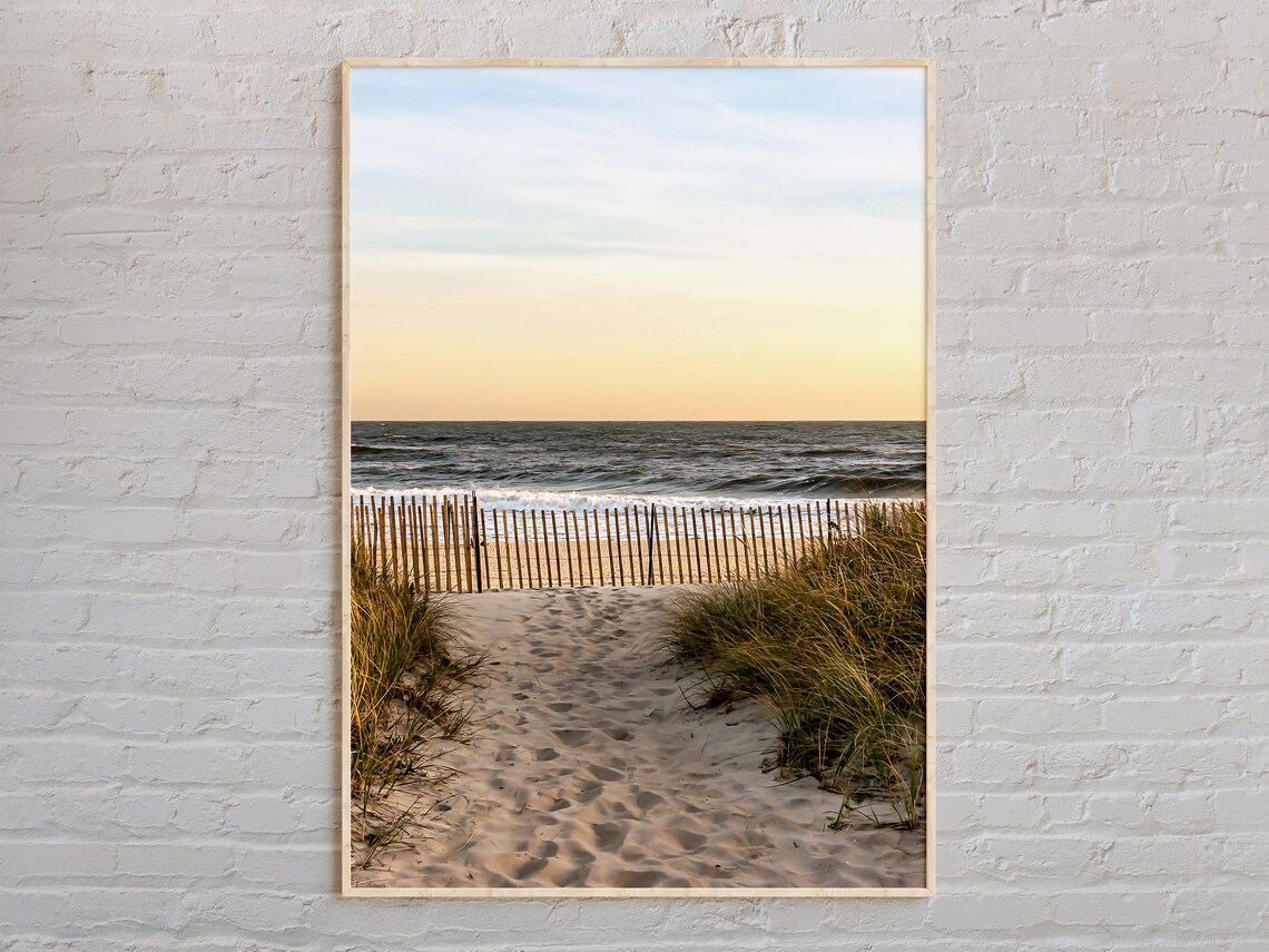 Beach Path Through Dune Fence To Ocean At Sunset Color Photo Poster