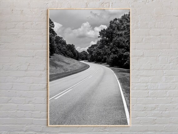 Winding Country Road Through Dark Trees Black and White Poster