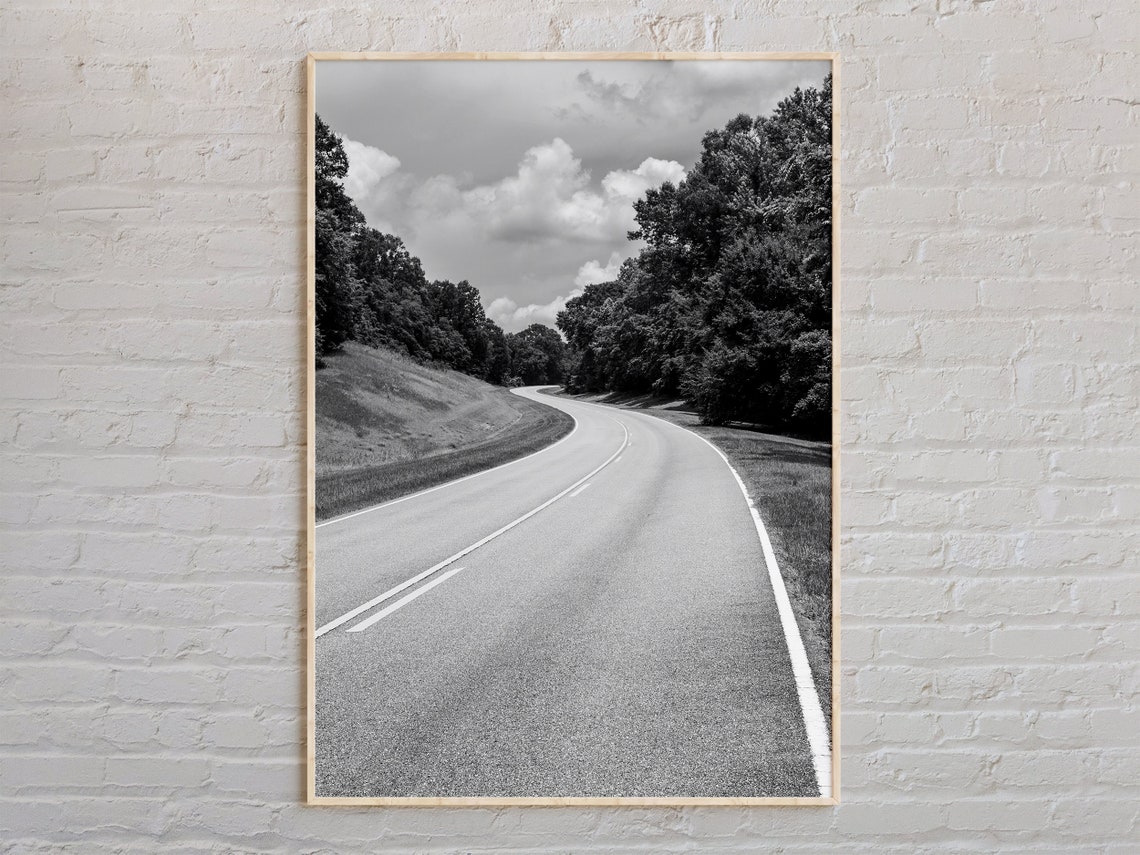 Winding Country Road Through Dark Trees Black and White Poster