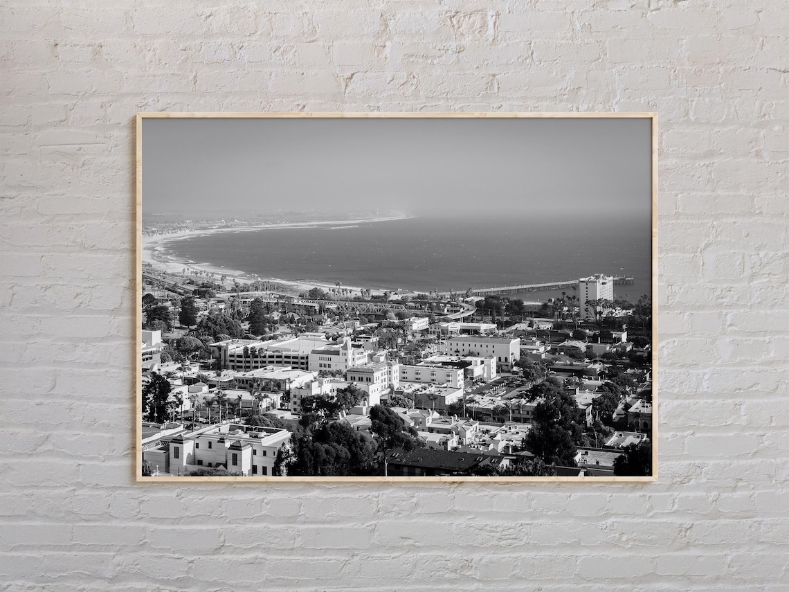 Black And White Coastal Town Beach Pier Aerial Photography California Style Poster