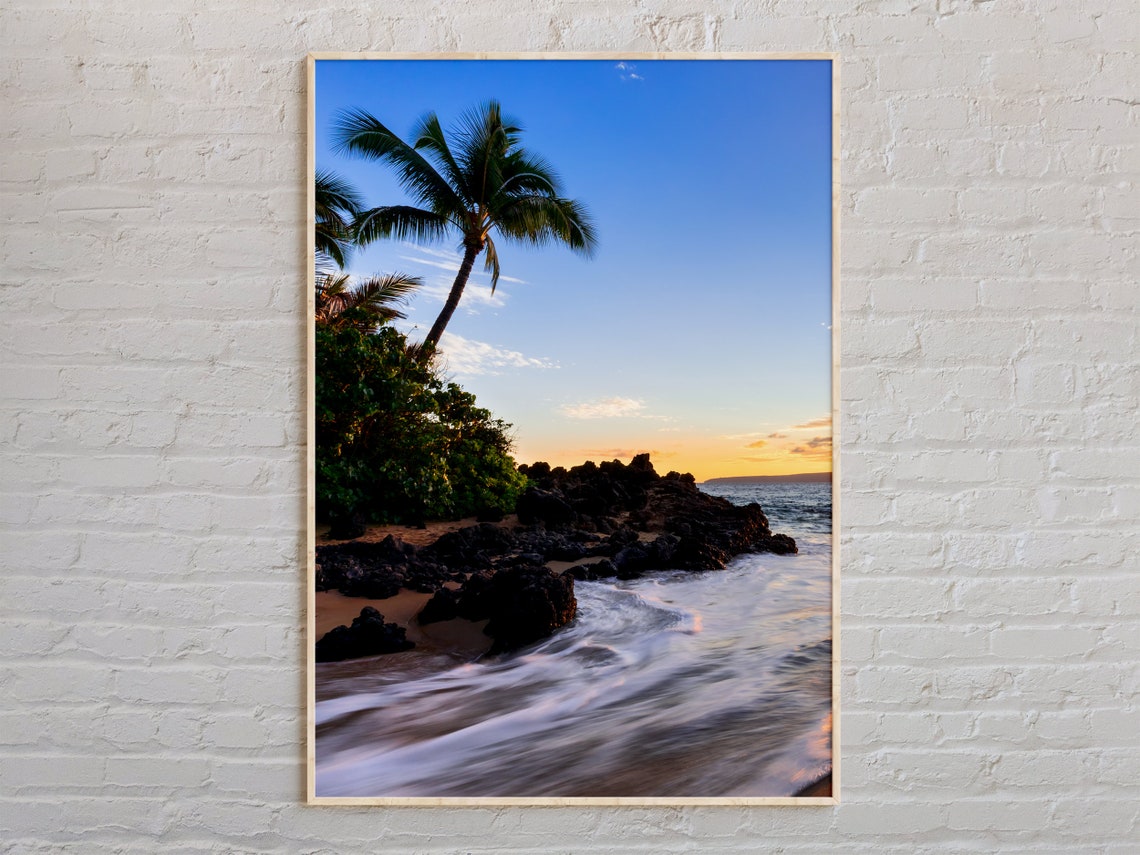 Tropical Hawaii Beach Palm Tree at Sunset over Lava Rocks Poster