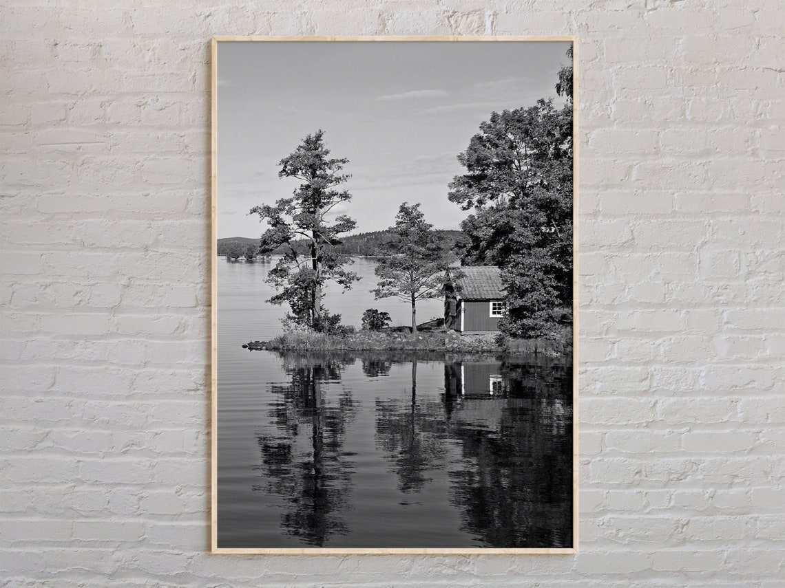 Black and White Sweden Lakeside Cabin Serene Photography Poster