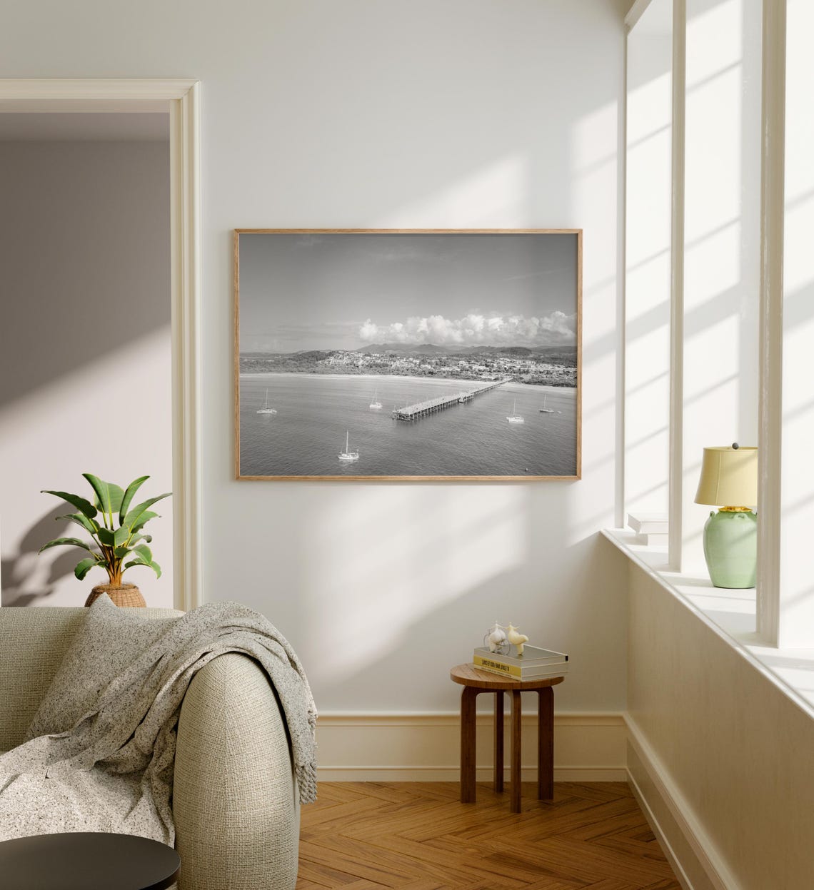 Coffs Harbour Aerial Bay Pier and Sailboats Black and White Poster - Image 5