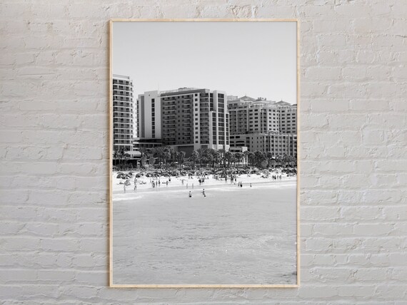 Clearwater Beach Crowded Shore Skyline Black White Photo Poster