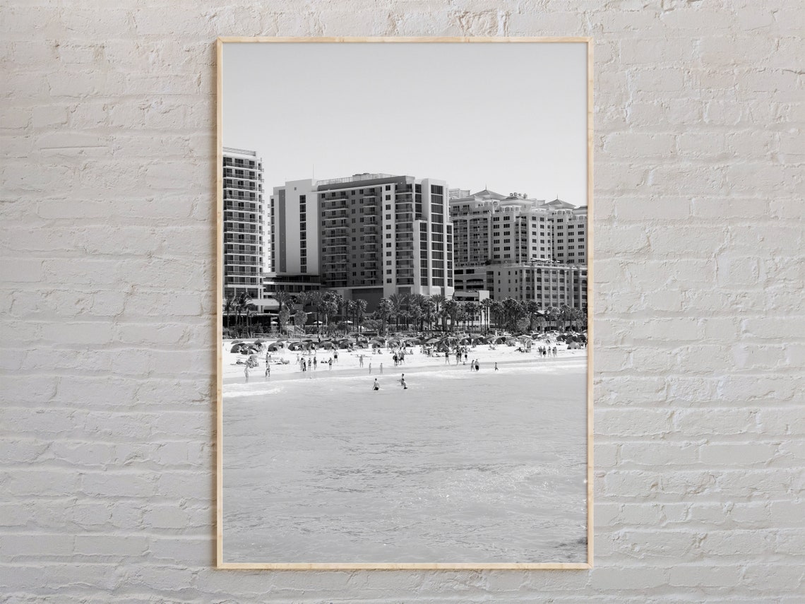 Clearwater Beach Crowded Shore Skyline Black White Photo Poster