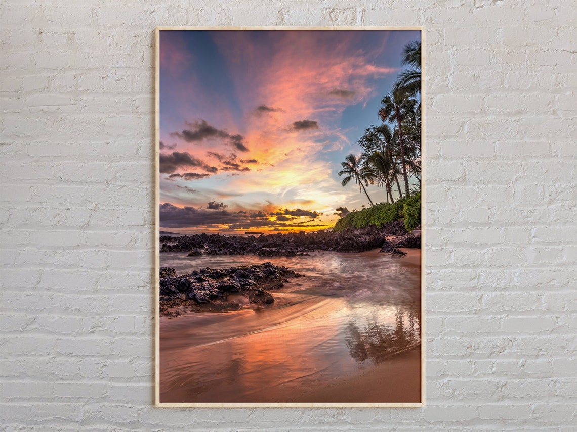 Real Photo Maui Hawaii Beach Sunset Lava Rocks Palm Trees Poster