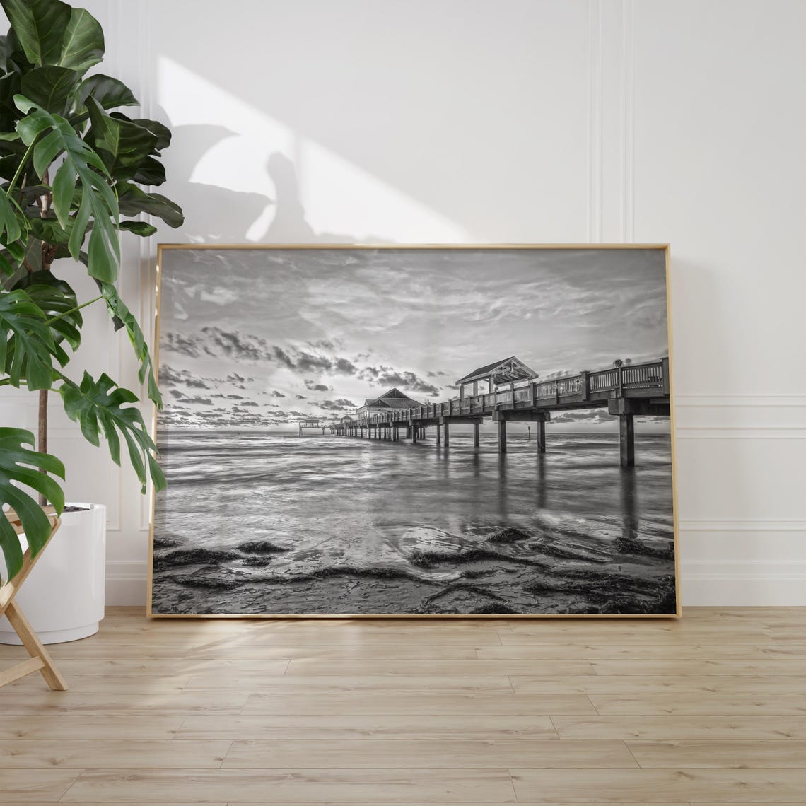 Clearwater Beach Pier Over Ocean Sunset Black and White Poster - Image 2