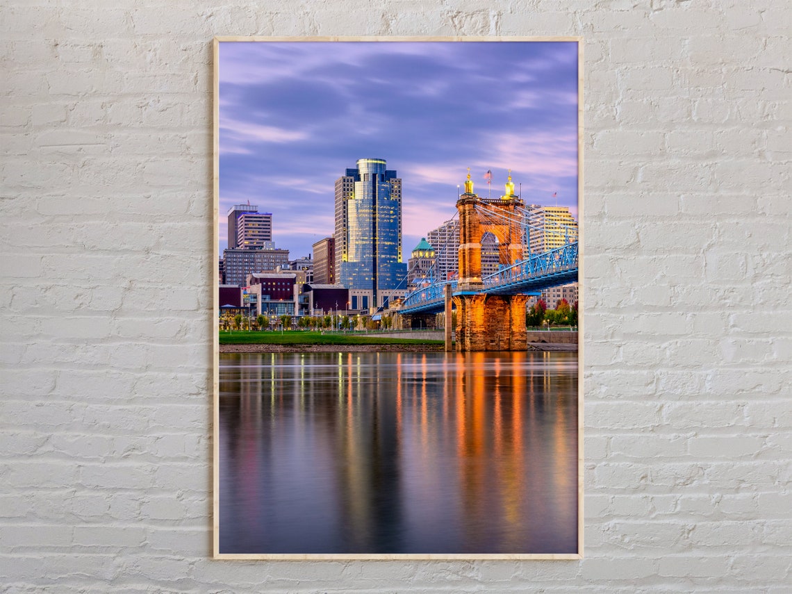 Cincinnati Ohio Skyline Dusk Roebling Bridge River Reflection Poster