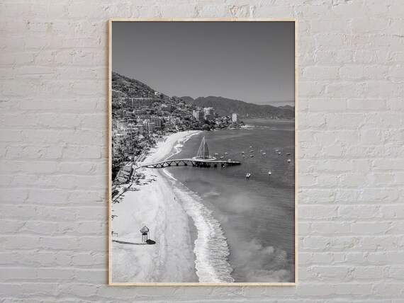 Puerto Vallarta Beach Black and White Sail Pier Coastal Travel Poster
