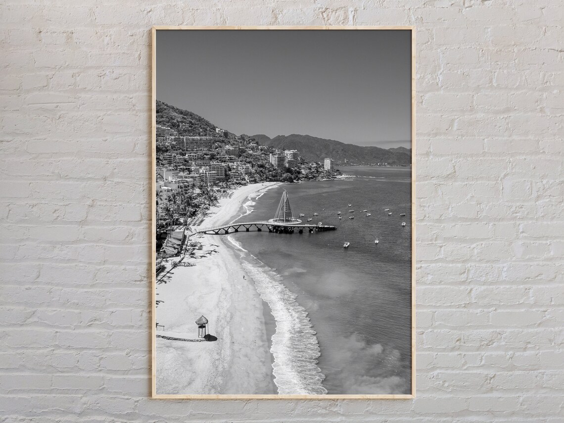 Puerto Vallarta Beach Black and White Sail Pier Coastal Travel Poster