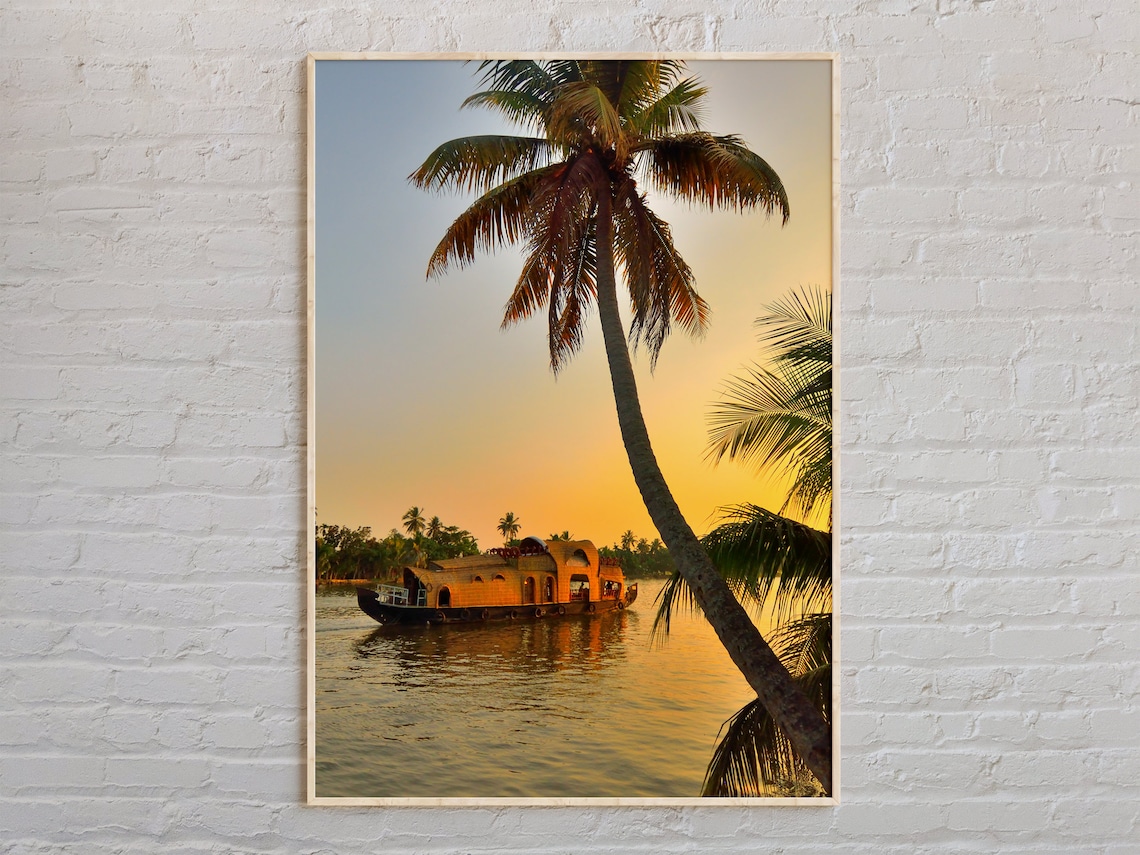 Kerala India Houseboat Backwater Sunset Palm Trees Travel Poster