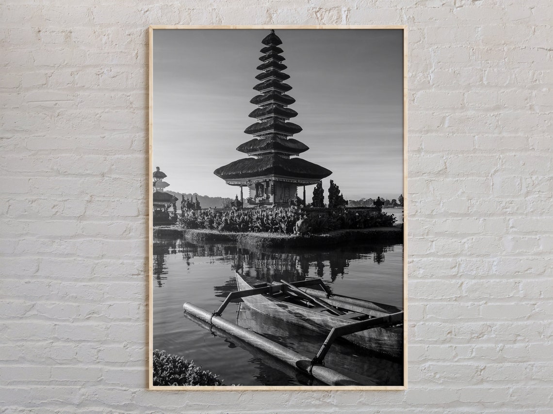 Black And White Bali Water Temple Lake Reflection Photography Poster
