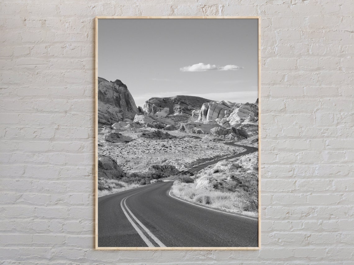 Desert Canyon Road Through Red Rocks Black and White Photo Poster