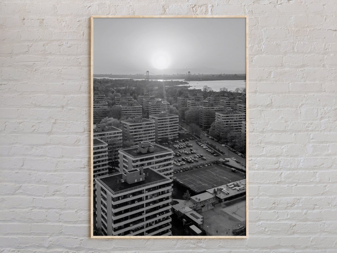 Black and White Queens New York Aerial Cityscape Sunset Poster